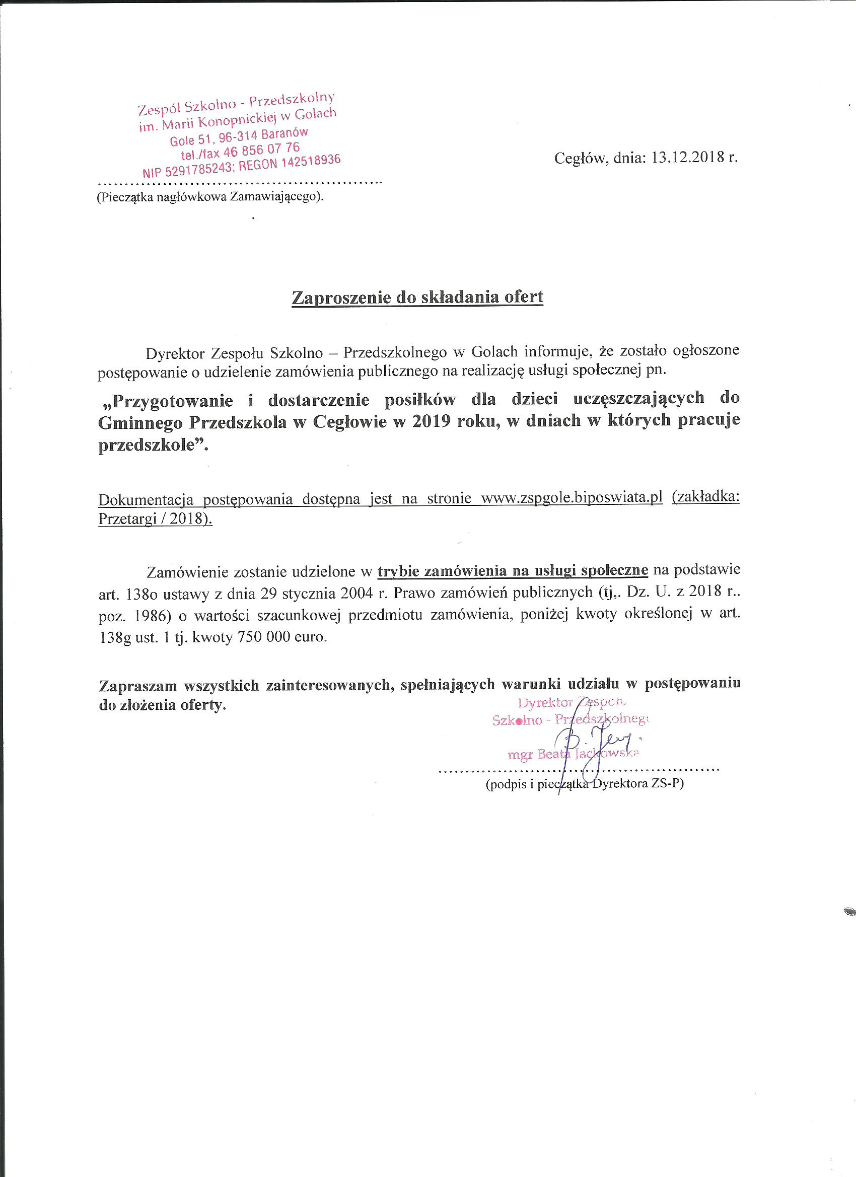 Zaproszenie Do Składania Ofert Na Realizację Usługi Przygotowywania